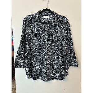 Chico’s 100% Cotton Black and White Geometric Button Down Blouse Long Sleeve XL